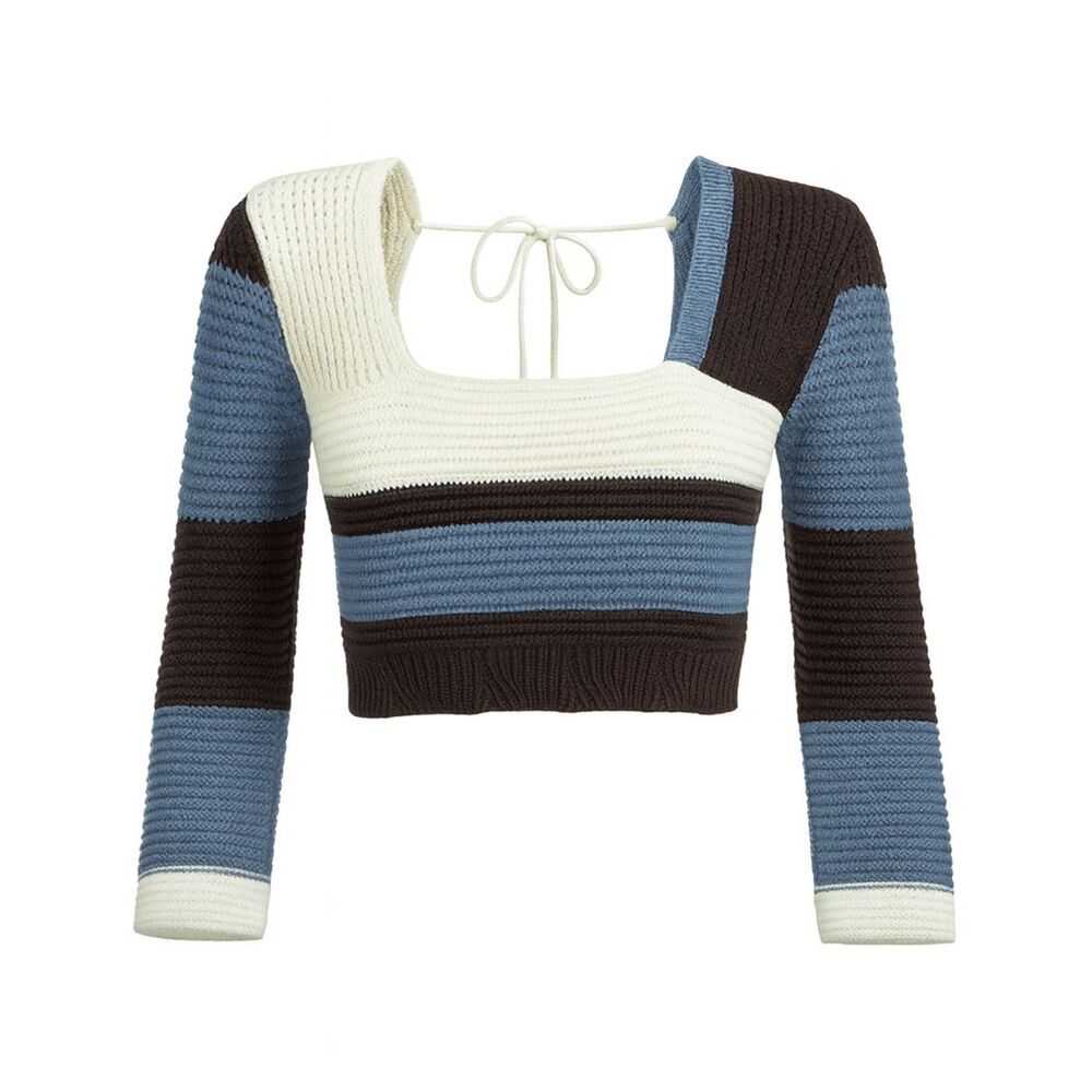 SHEIN Striped Knit Crop Top Size S Blue Brown Colorblock Tie Back Y2K Sweater - Picture 2 of 9